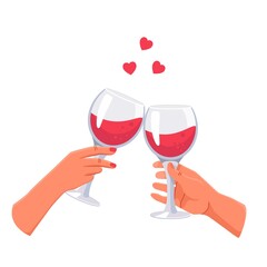 Two hands with a glass of wine clink glasses. Use it as a symbol of love, dating, or a relationship between a man and a woman. Valentine with hearts, icon, isolated stock vector illustration 