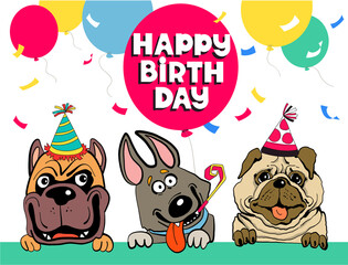 Friends colorful vector illustration. Funny funny dogs congratulate happy birthday surrounded by balloons