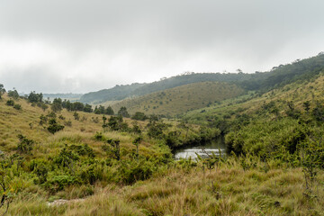 Fototapeta premium Blick auf grüne Wiesen und einen kleinen See im Horton Plains National Park im Hochland von Sri Lanka