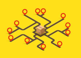 Isometry parcel box and many logistics path way icons falling into. Vector 3D illustration
