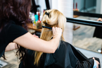 Fototapeta premium Beautiful young woman getting her haircut by a hairstylist at a beauty salon.