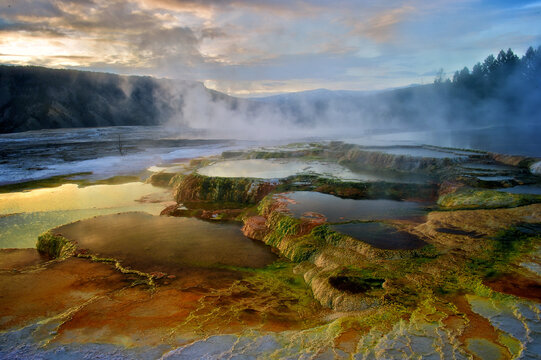 Vibrant shot of geysers in Yellowstone National Park, Wyoming, US