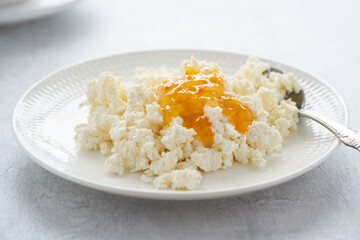 Plate of fresh cottage cheese, breakfast with dairy products, protein food. Morning light, backlit, close up
