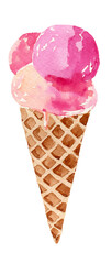 Watercolor illustration of strawberry ice cream in a waffle cone