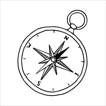 recommend clip art: Outline image of a compass. Hand drawn doodle illustration, black image on white background. Linear art. Vector illustration.