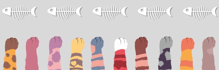 Different cat's legs stretch to the fish skeletons. Cheerful vector drawing of multi-colored cats in a row. Isolated on gray background kittens reach for food