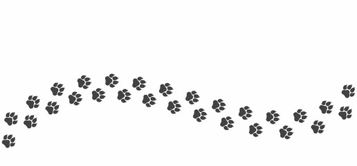 Black cat paw path isolated on white background. The curved vector path of cat foot prints. The kitten walked through the white snow