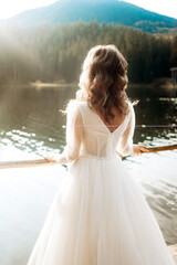 Fototapeta na wymiar Cute bride in luxury wedding dress near the lake. Wedding in mountains
