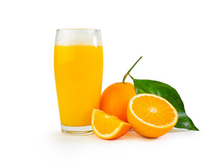 Orange juice glass with orange fruit slices isolated on white background.