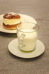Swedish tradiatonal food Semlor. Served with hot milk in old traditional families, Gothenburg Sweden