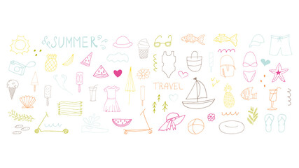 Summer set. Doodle beach elements. Set of summer hand drawn icons on white background. Vector illustration with random elements. Design for prints and cards.