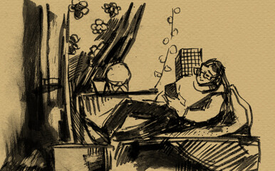 Texture illustration from sketchbook with man on a couch. 