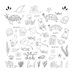 Doodle marine elements. Set of marine hand drawn icons on white background. Vector illustration with random elements. Design for prints and cards.