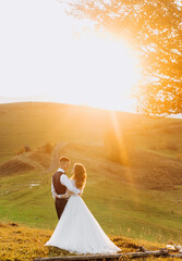 Wedding couple hugging on top of a mountain at sunset.