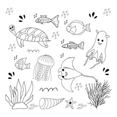 Doodle marine elements. Set of marine hand drawn icons on white background. Vector illustration with random elements. Design for prints and cards.