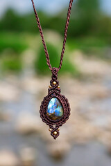 Beautiful necklace in boho style with labradorite mineral stone on natural blury landscape background