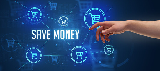 Close-Up of cropped hand pointing at SAVE MONEY inscription, online shopping concept