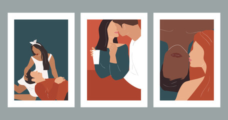 Set of abstract posters with couples in love. Vector illustration.