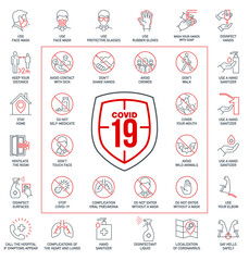 Prevention line icons set isolated on white. outline symbols Coronavirus Covid 19 pandemic banner. Quality design elements mask, gloves, distance, wash disinfect hands, stay home with editable Stroke
