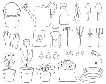 Set gardening elements black and white vector illustration. Garden tools.