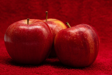 Red apples isolated in red background