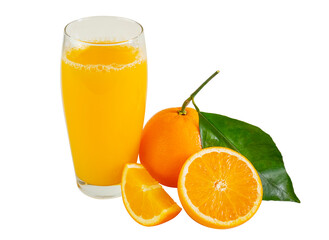 Orange juice glass with slices of orange fruit, isolated on white background.