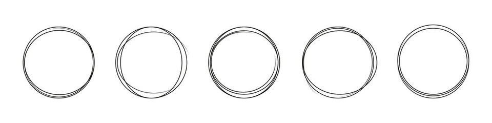 Set of vector illustration of hand drawing circle line sketch. Doodle round circles, graffiti. Bubble or ball, pen, pencil. Element for message note mark. Vector illustration.
