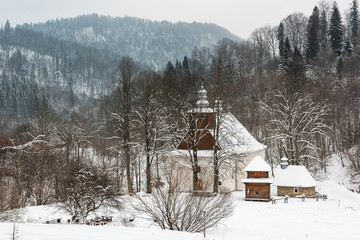 Lopienka Wooden Orthodox Church in Bieszczady Mountains Park at Winter Snowy Season in Poland