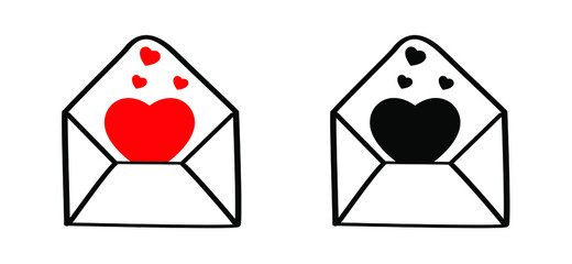 Envelope with hearts. Letter for i miss you or i love you. Happy valentines day on february 14 ( valentine, valentine’s day ) or romantic, wedding signs Fun vector romance cartoon quote