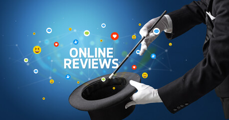 Magician is showing magic trick with ONLINE REVIEWS inscription, social media marketing concept