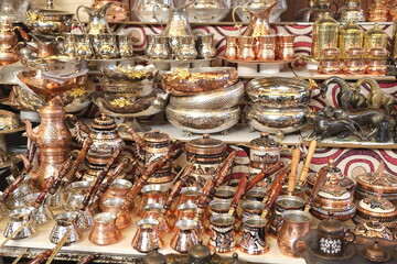 Fototapeta na wymiar Many traditional handmade coppers view, Gaziantep, Turkey