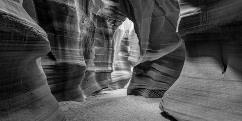 panoramic Antelope Canyon lights and rocks arizona usa - black and white - Powered by Adobe