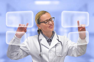 Female doctor with empty virtual displays. Doctor and futuristic concept of medical interface. Mockup