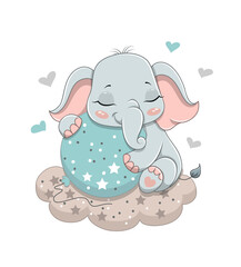 Cute baby elephant hugging balloon.