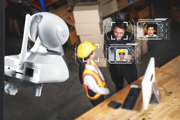 Facial recognition technology for industry worker to access machine control . Future concept interface showing digital biometric security system that analyze human face to verify personal data .