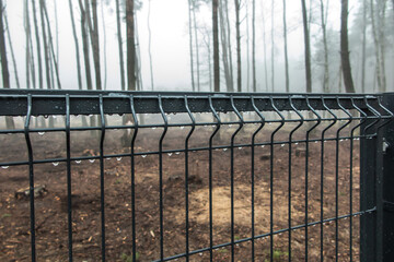 A fragment of a metal fence with frozen raindrops