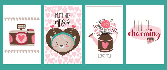 Set of 4 valentine's day cards with camera, cat in hearts, festive lettering and bouquet in a watering can. Vector illustration in cute cartoon flat style for printing or digital use.