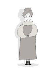 Hand drawn portrait of an old smiling cute granny wearing warm winter outfit, flat illustration isolated on a white background