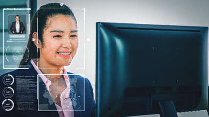 Facial recognition technology scan and detect people face for identification . Future concept interface showing digital biometric security system that analyze human face to verify personal data .