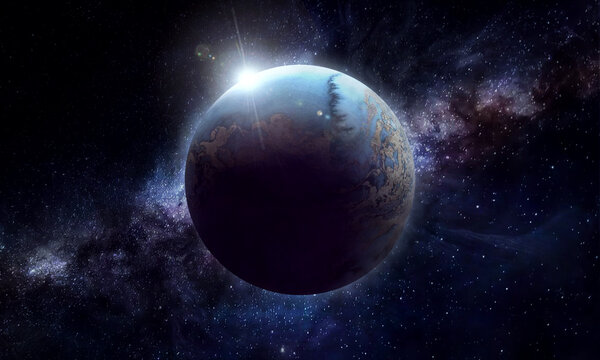 abstract space 3D illustration, 3d image, background image, planet in space among shining stars and galaxies