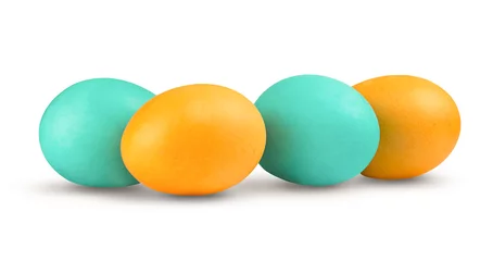Foto auf Alu-Dibond Bündel blaue und gelbe Eier auf weißem Hintergrund © Albert Ziganshin