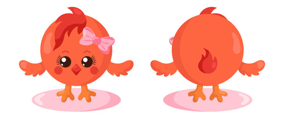 Funny cute kawaii chick with round body in flat design with shadows, front and back. Isolated animal vector illustration	