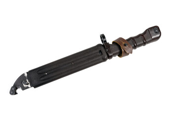 A bayonet knife from a firearm in a sheath of brown color with a leather loop suspension