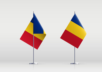 Romania flag state symbol isolated on background national banner. Greeting card National Independence Day of the Republic of Romania. Illustration banner with realistic state flag.