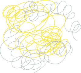 Vector hand drawn yellow and grey doodle on white background. Colored chaotic lines. Painted tangled scribble isolated on white background.