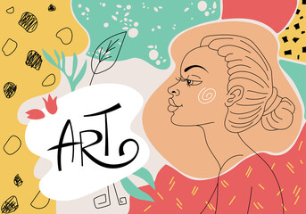 Abstract art poster. Vector illustration of shapes, outlines, linear portrait of a woman, spots and textures for backgrounds. Lettering.