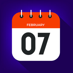 February day 7. Number seven on a white paper with orange color border on purple background vector.