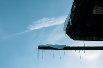 Icicles shot against blue sky.Winter image.
