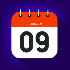 February day 9. Number nine on a white paper with orange color border on purple background vector.