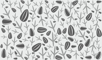 Endless seamless pattern of paw prints of pigeon and sunflower seeds of different sizes. Vector pattern in gray and black.
